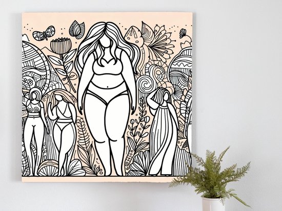 Foto: Line art dikke dames schilderij dancing curves a vibrant celebration of voluptuous femininity in art kunst 20x20 centimeter op canvas foto op canvas