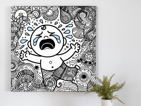 Doodle huilend kind schilderij | Traanwekkende melodieën van een kind, doodlen in kleurenpracht | Kunst - 20x20 centimeter op Dibond | Foto op Dibond