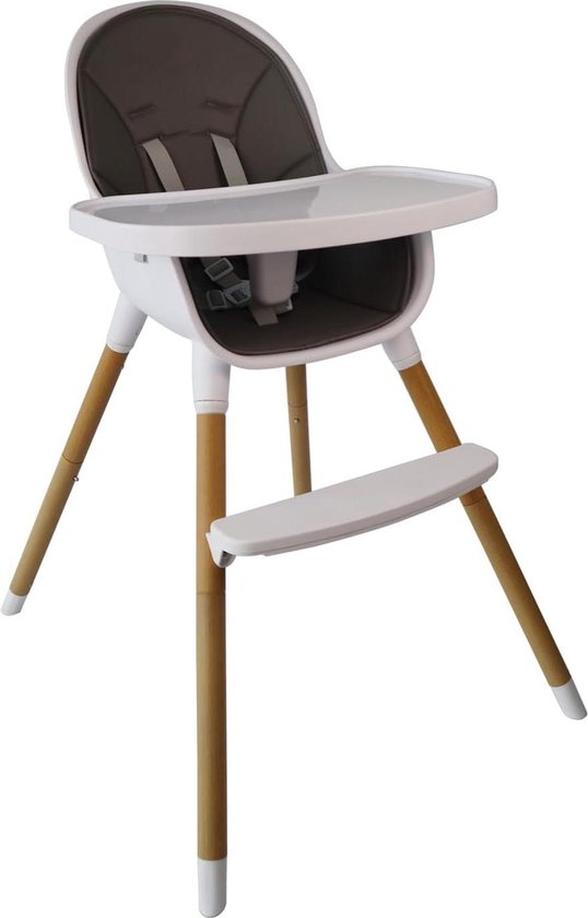 2-in-1 houten kinderstoel met dienblad - babystoel combi-hoge stoel - 5-punts riem - voetensteun - PU-lederen kussen - tot 30 kg van Merkloos — afbeelding 4
