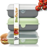 BioFactur - Set van 3 lunchbox - Lunchbox volwassenen - Lunchbox kinderen - Lunchbox met vakjes - Vaatwasmachinebestendige lunchbox - Verwisselbaar deksel - Ontbijtbox - Groen-grijs