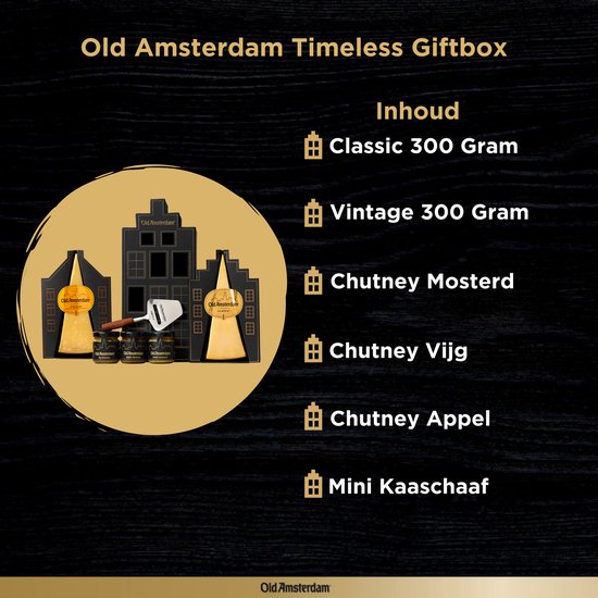 Old Amsterdam Timeless Giftbox met inhoud: Classic 300g, Vintage 300g, Chutney Mosterd, Vijg, Appel en Mini Kaasschaaf.