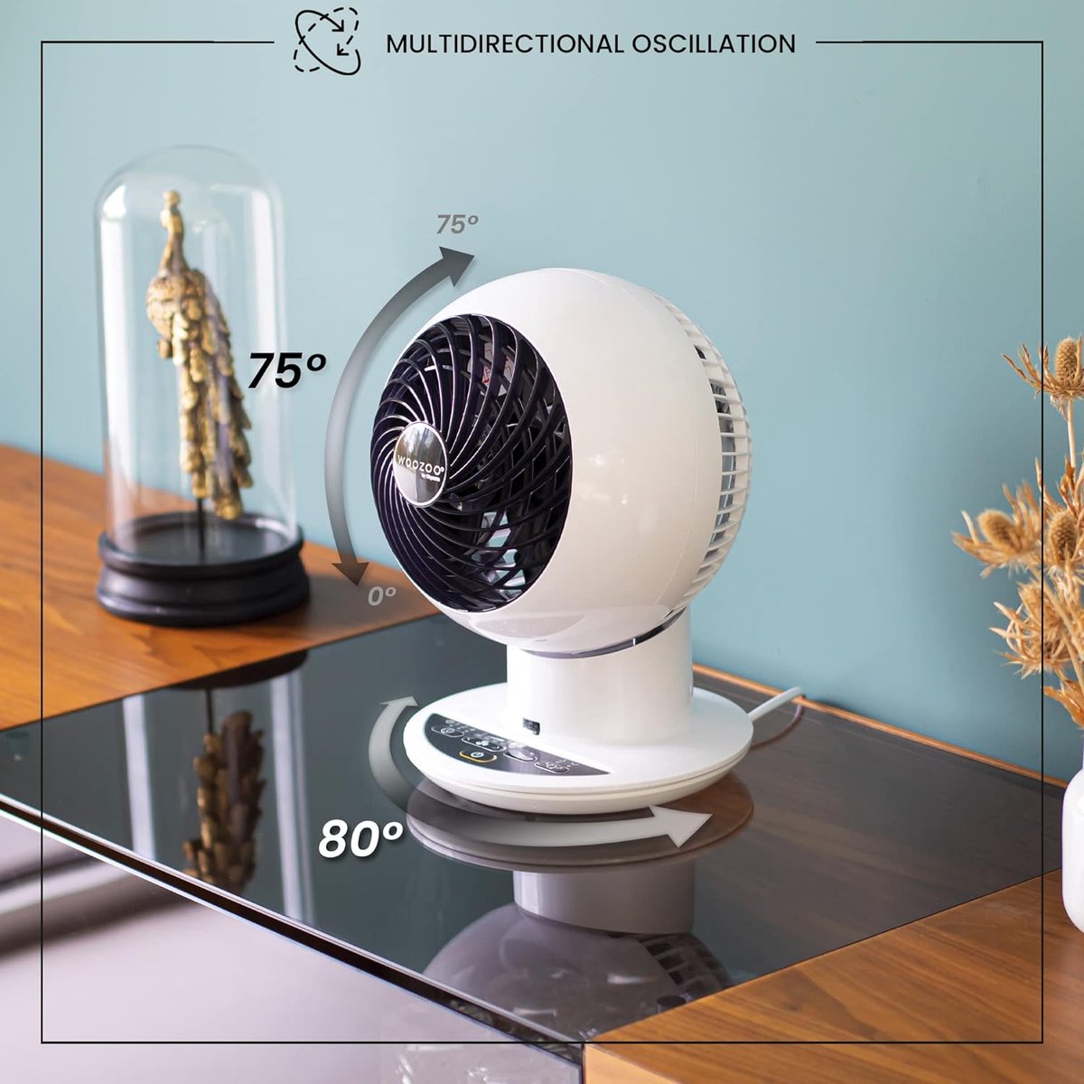 Woozoo Ultra krachtige stille & draagbare tafelventilator 30m² bereik 25m multidirectionele oscillatie afstandsbediening timer woonkamer PCF-SC15T Wit