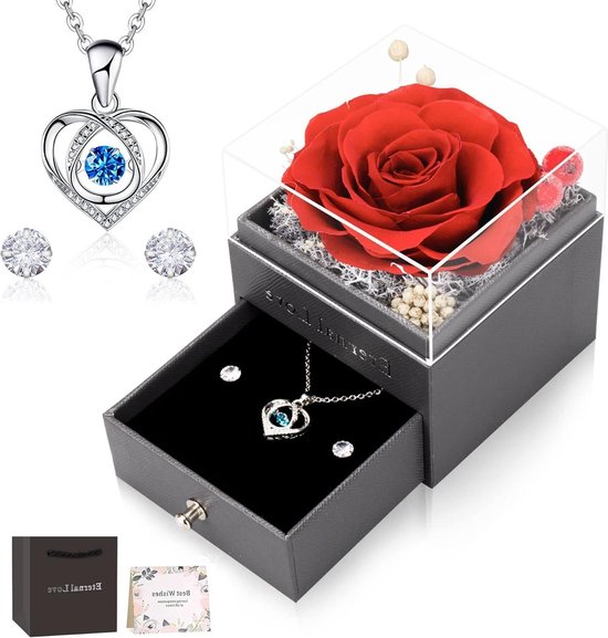 Eeuwige roos cadeaus voor vrouwen - slagend hart halsketting - oorbellen handgemaakt - geconserveerde rozen sieraden - geschenkdoos cadeau - Moederdag - zus echtgenote
