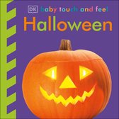 Een Jack-o'-lantern met een griezelige glimlach en knipperende ogen, op een paarse achtergrond. Tekst: 'DK baby touch and feel Halloween'.