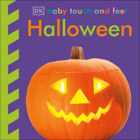 Een Jack-o'-lantern met een griezelige glimlach en knipperende ogen, op een paarse achtergrond. Tekst: 'DK baby touch and feel Halloween'.