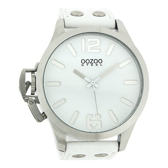 OOZOO Timepieces - Zilverkleurige horloge met witte leren band - OS049