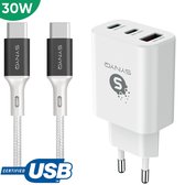 Synyq 30W 3-Poort Snellader - USB-IF gecertificeerd - 2 m USB C Oplaadkabel - Oplaadadapter - Geschikt voor Galaxy 24/23/22/21/21/10 - Oplader Samsung - Snellader Samsung/Google/iPhone 15 - iPhone 15 lader - Wit