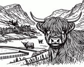 Line art schotse hooglander schilderij | Hooglandse gratie: een lijnenspel van Schotse hooglander kunst | Kunst - 30x30 centimeter op Canvas | Foto op Canvas