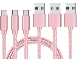 3x USB C naar USB A Nylon Gevlochten Kabel Roze - 1 meter - Oplaadkabel voor OnePlus 13R / OnePlus 13 / OnePlus 12 5G / OnePlus 11 5G