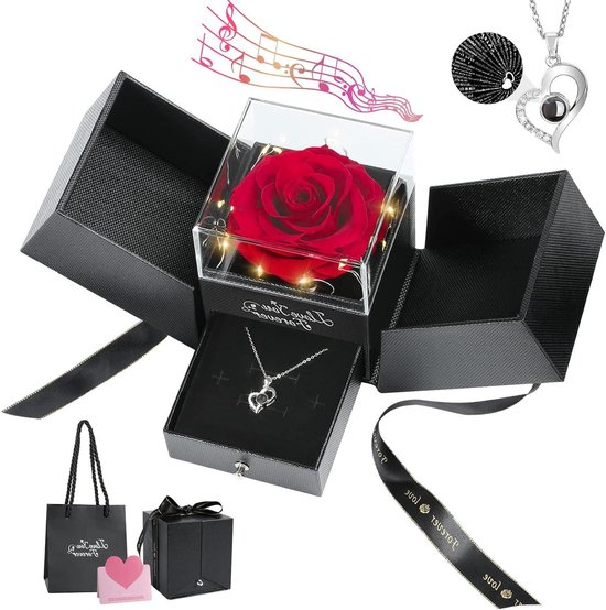 Bewaarde echte rode roos met halsketting van S925 sterling zilver - eeuwige roos - I Love You-ketting - 100 talen - Muziekdoos met verlichting - Romantische cadeaus voor moeder oma echtgenote vriendin haar.