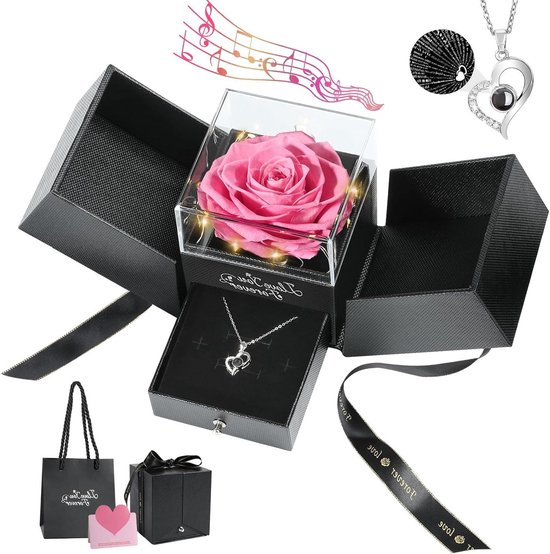 Preserved Real Pink Rose with S925 Sterling Silver Necklace - Eternal Rose - I Love You Necklace - 100 Languages Music Box with Lights - Romantic Gifts for Mom Grandma Wife Girlfriend Her