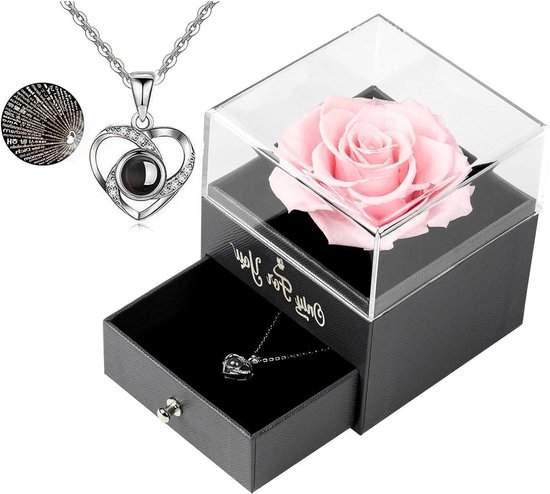 Eeuwige echte roos - I Love You halsketting - 100 talen - Betoverde echte roos bloem - Valentijnsdag Moederdag verjaardag - Romantisch geschenk voor haar - Roze