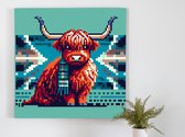 Pixel art schotse hooglander schilderij | Schilderachtig spectaculair: pixelated pracht van Schotse hooglander gevangen | Kunst - 30x30 centimeter op Canvas | Foto op Canvas