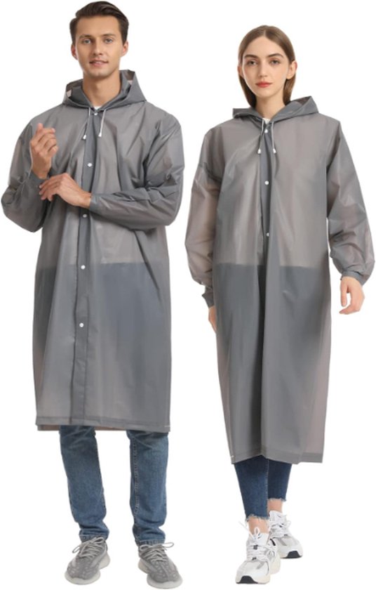 Regenjas - Set van 2 Stuks - Regenponcho met Capuchon - Unisex voor Dames & Heren - Waterdicht - Fietsponcho Lang Model - Regenpak - Volwassenen - Regen Poncho Jas - Grijs