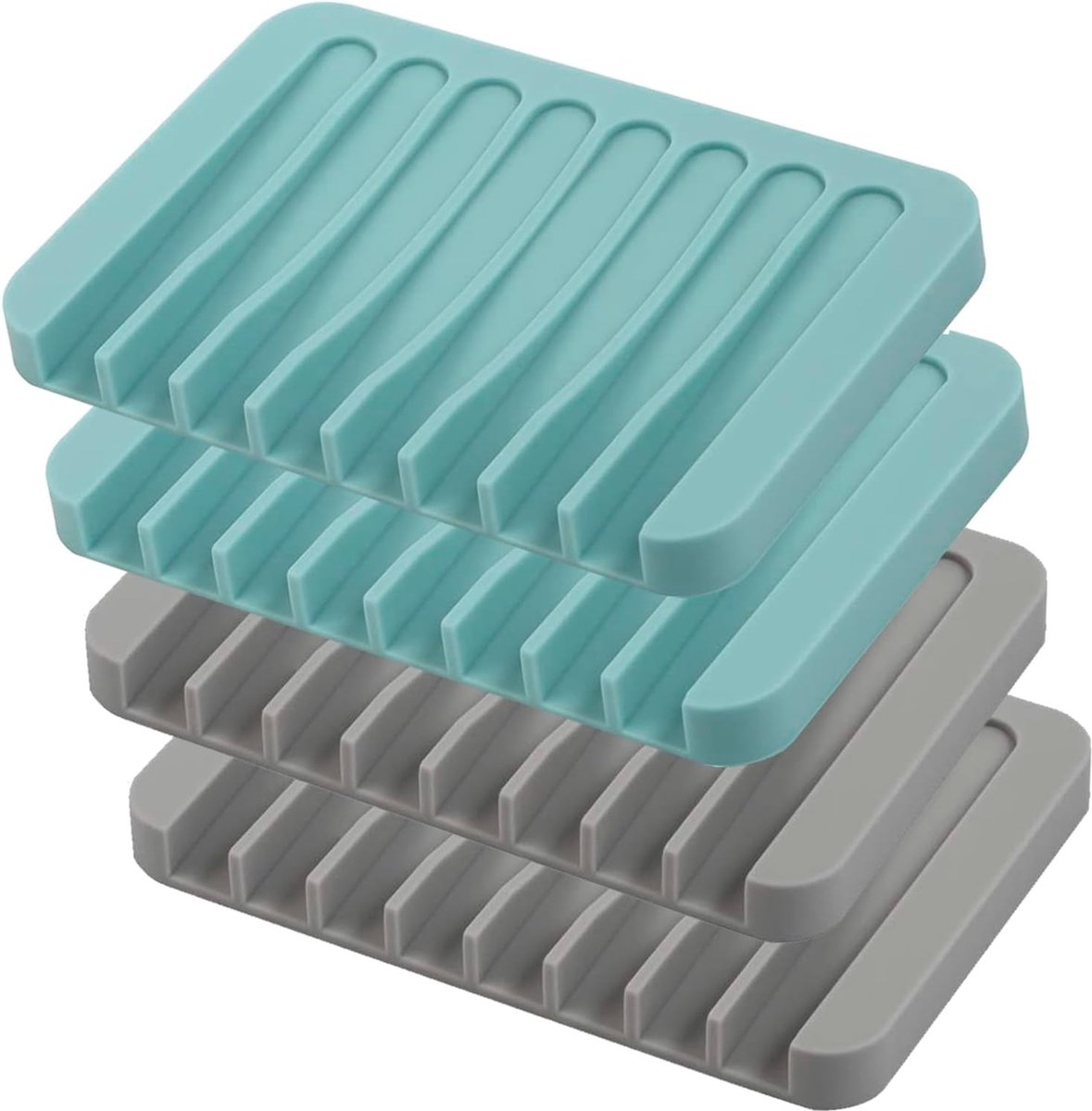 Silicagel 4-pack Zeephouders-zelflozende zeepbakjes premium siliconen watervalafvoerrek voor badkamer keuken badkuip verlengt de levensduur van zeep houdt zeepstaven droog en gemakkelijk schoon te maken (grijs en blauwblauw)
