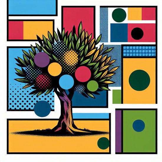 Pop art olijfboom schilderij | Olijfboom explosie: een pop art explosie van kleur | Kunst - 100x100 centimeter op Canvas | Foto op Canvas