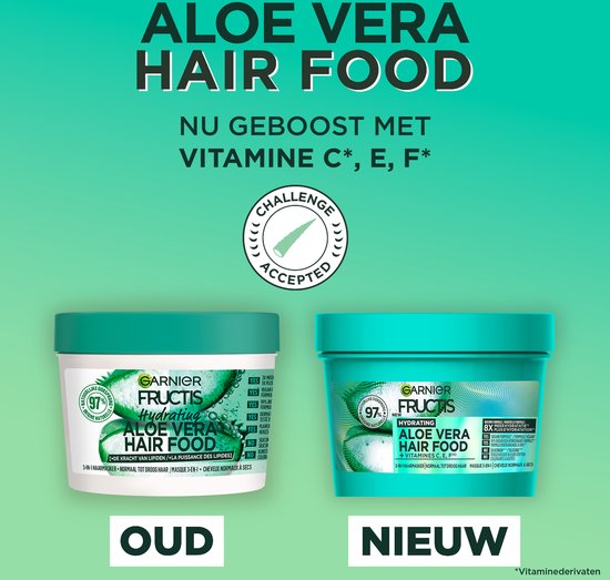 Comparaison Garnier Fructis Hair Food: Ancienne et nouvelle formule du pot sur fond turquoise. Nouvelle formule avec vitamines C, E, F.