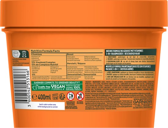 Garnier Fructis Hair Food Papaya 3in1 Hair Mask pour cheveux abîmés 6 pièces pack économique