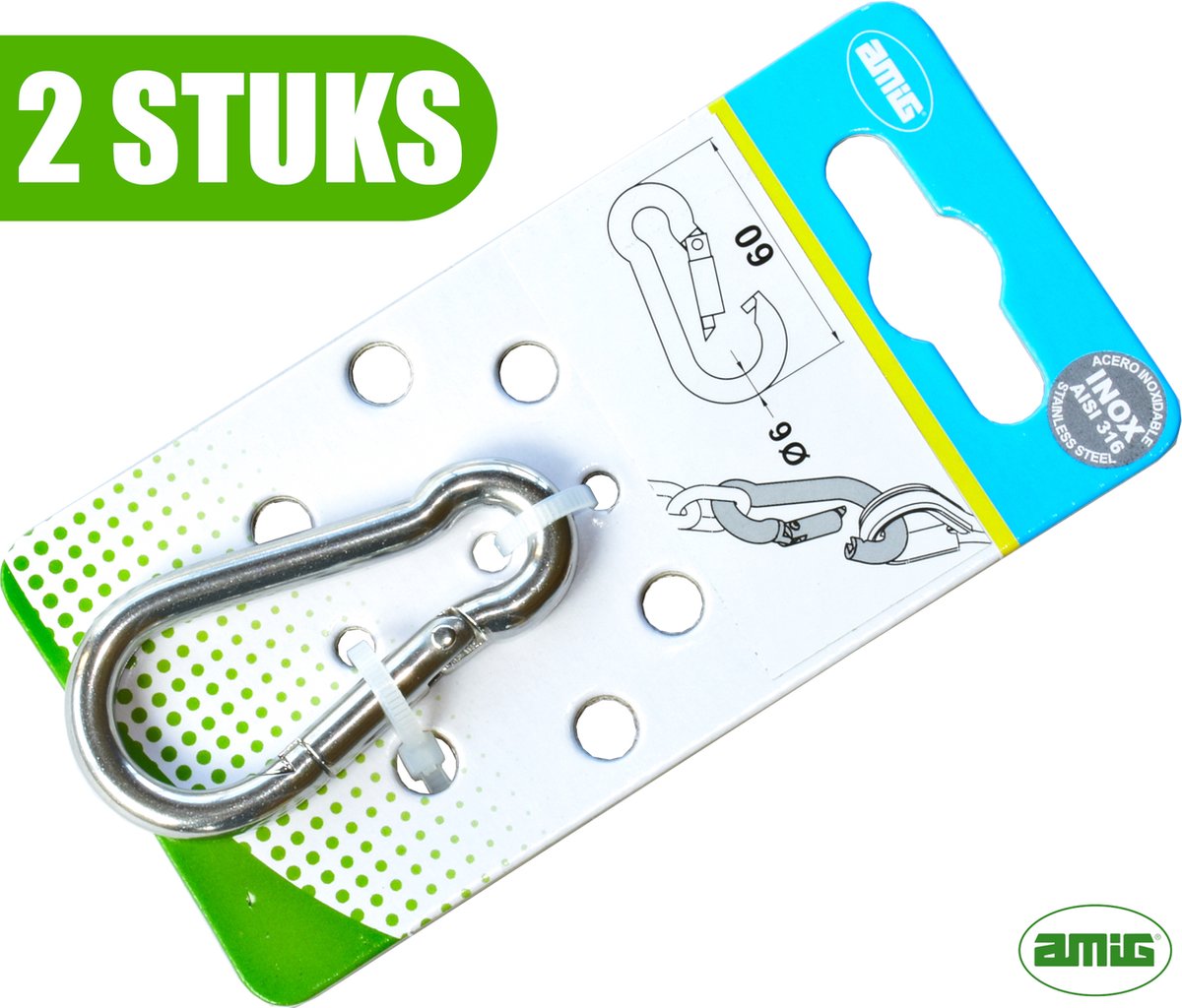 AMIG RVS 316 Klein Karabijnhaak Duo 6x60mm - Niet-Vergrendelend - Zeewater Bestendig