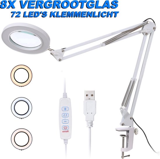 BrightAura - Staande Loeplamp met LED Verlichting - Bureaulamp met Klem - Vergrootglas met Standaard - Tafellamp - 8X Vergroting