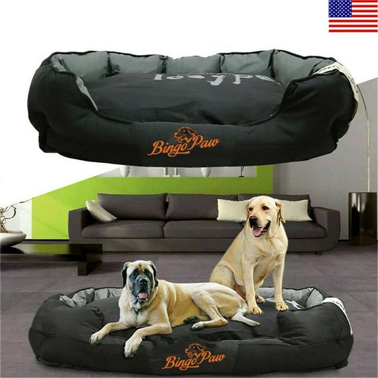 Lit pour chien noir et gris avec logo orange 'BingoPaw', avec deux grands chiens.
