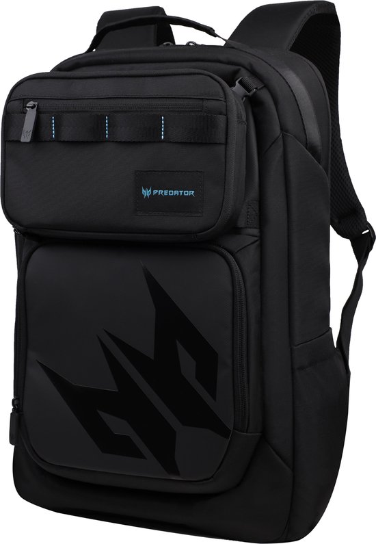 Zijkant van een zwarte rugzak met een voorvak met het Predator logo in blauw en een groot Predator logo op de voorkant.