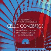 Albumhoes Harmonia Mundi met rood-blauwe spiraalvormige architectuur en tekst 'CELLO CONCERTOS' in het midden.