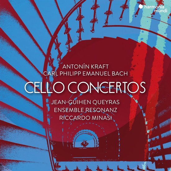 Albumhoes Harmonia Mundi met rood-blauwe spiraalvormige architectuur en tekst 'CELLO CONCERTOS' in het midden.