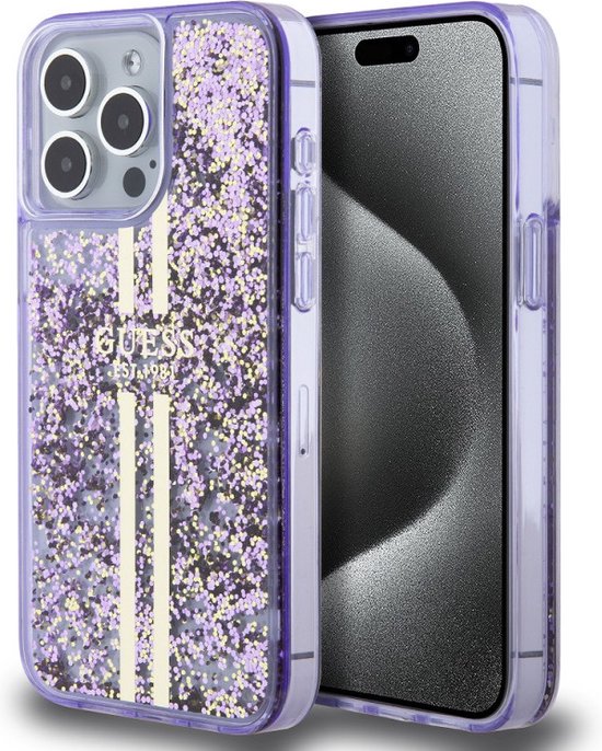 Guess Liquid Glitter Golden Stripes Back Case - Geschikt voor Apple iPhone 15 Pro Max - Paars