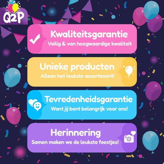 Feestelijke achtergrond met vier Q2P garantiebalken: "Kwaliteitsgarantie", "Unieke producten", "Tevredenheidsgarantie", "Herinnering".