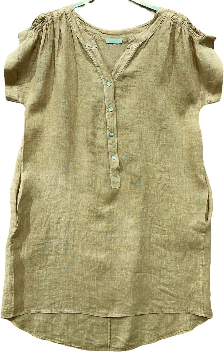 Luchtige linnen jurk- kleur CAMEL - korte raglan mouwen - zijzakken en knoppen - maat 42/44