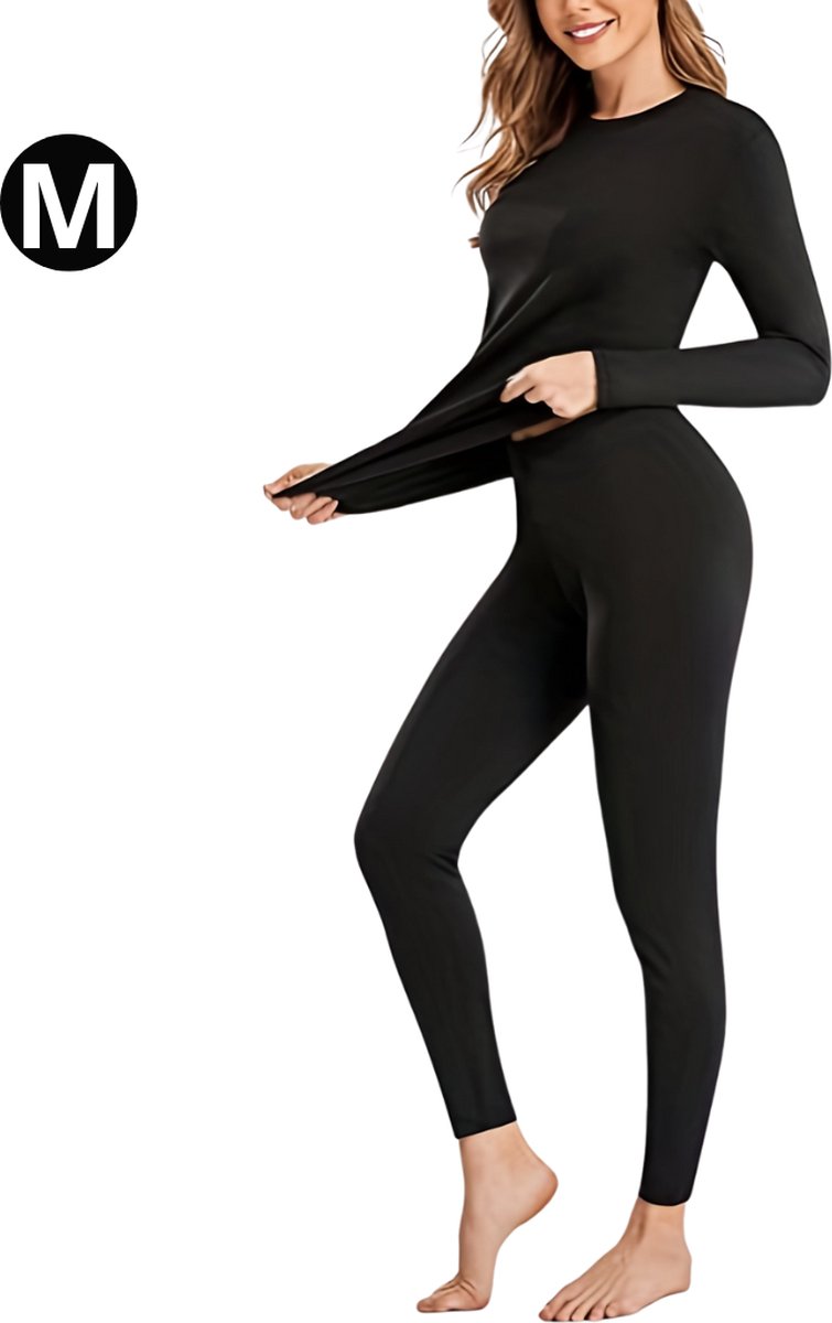 Nivard Thermokleding – Thermoshirt – Thermobroek – Thermo – Beenverwarmers – Voor Dames – Fleece – Set – Broek + Shirt – Zwart – Maat M