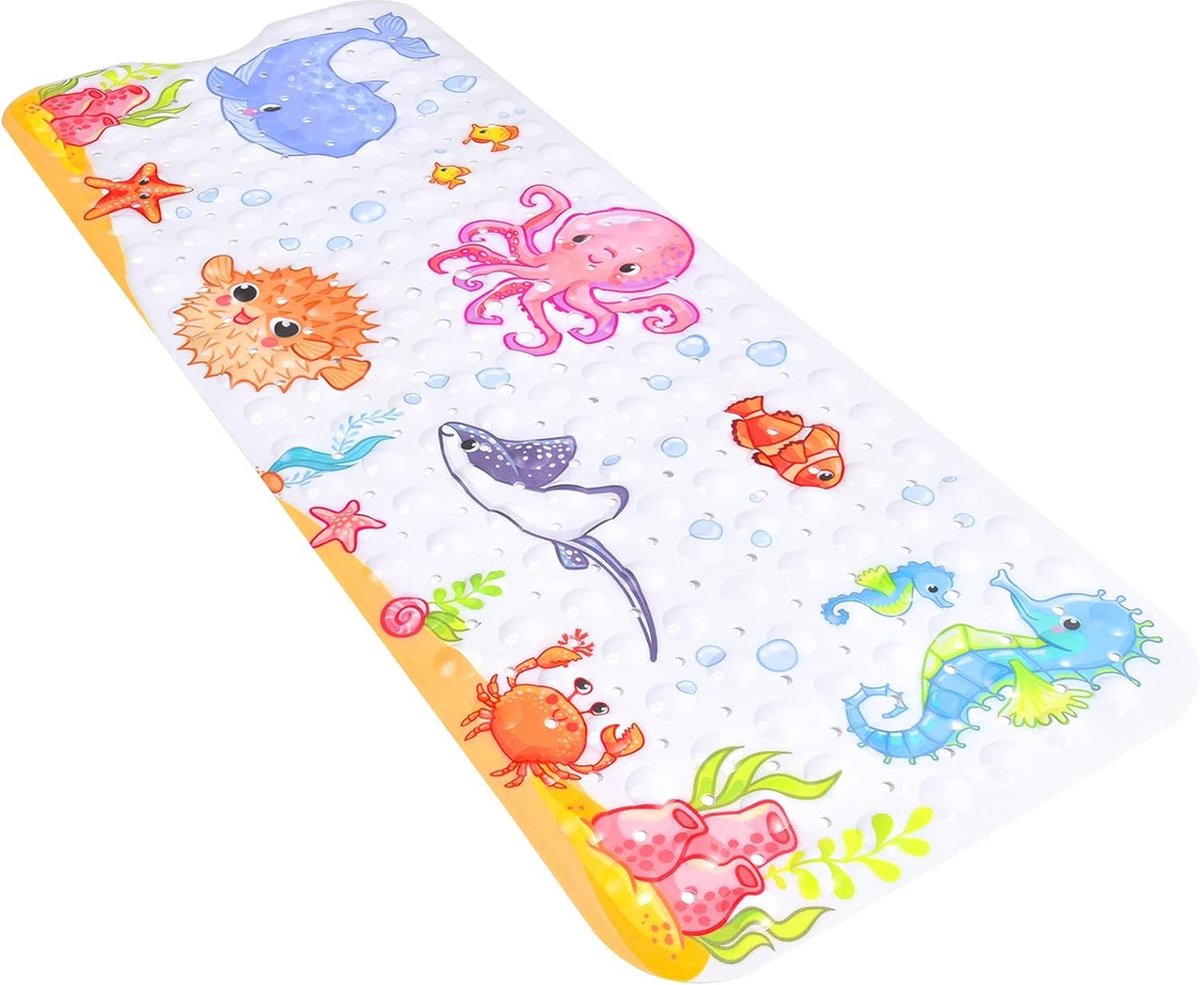 Badmat voor kinderen, antislip, 100 x 40 cm, grote cartoon-octopus, antislip, kleine kinderen, baby, machinewasbaar en BPA-vrij, linkerafvoer