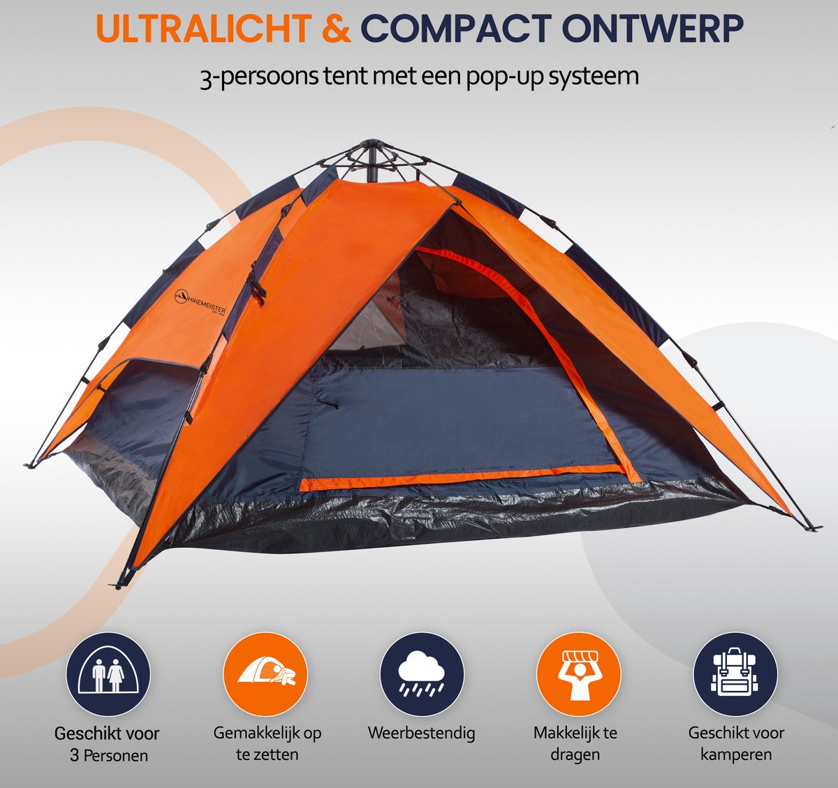Hikemeister ® Kampeertent 3-Persoons Automatic Pop-Up Tent - 200 x 200 x 145 cm - Backpacking Tent met binnentent