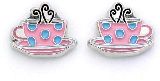 Roze oorbellen met blauwe stippen, vormgegeven als koffiekopjes met damp.