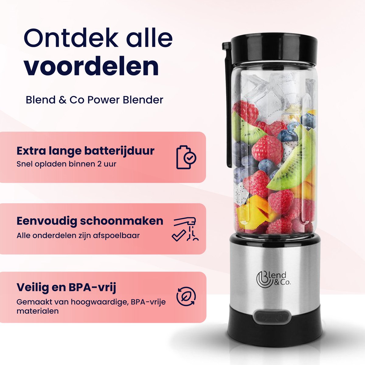 Blend&Co Mini Blender To Go – 450ml Glas – Draadloos & Draagbaar – Smoothie Maker – USB Oplaadbaar – Portable Blender – foto 7