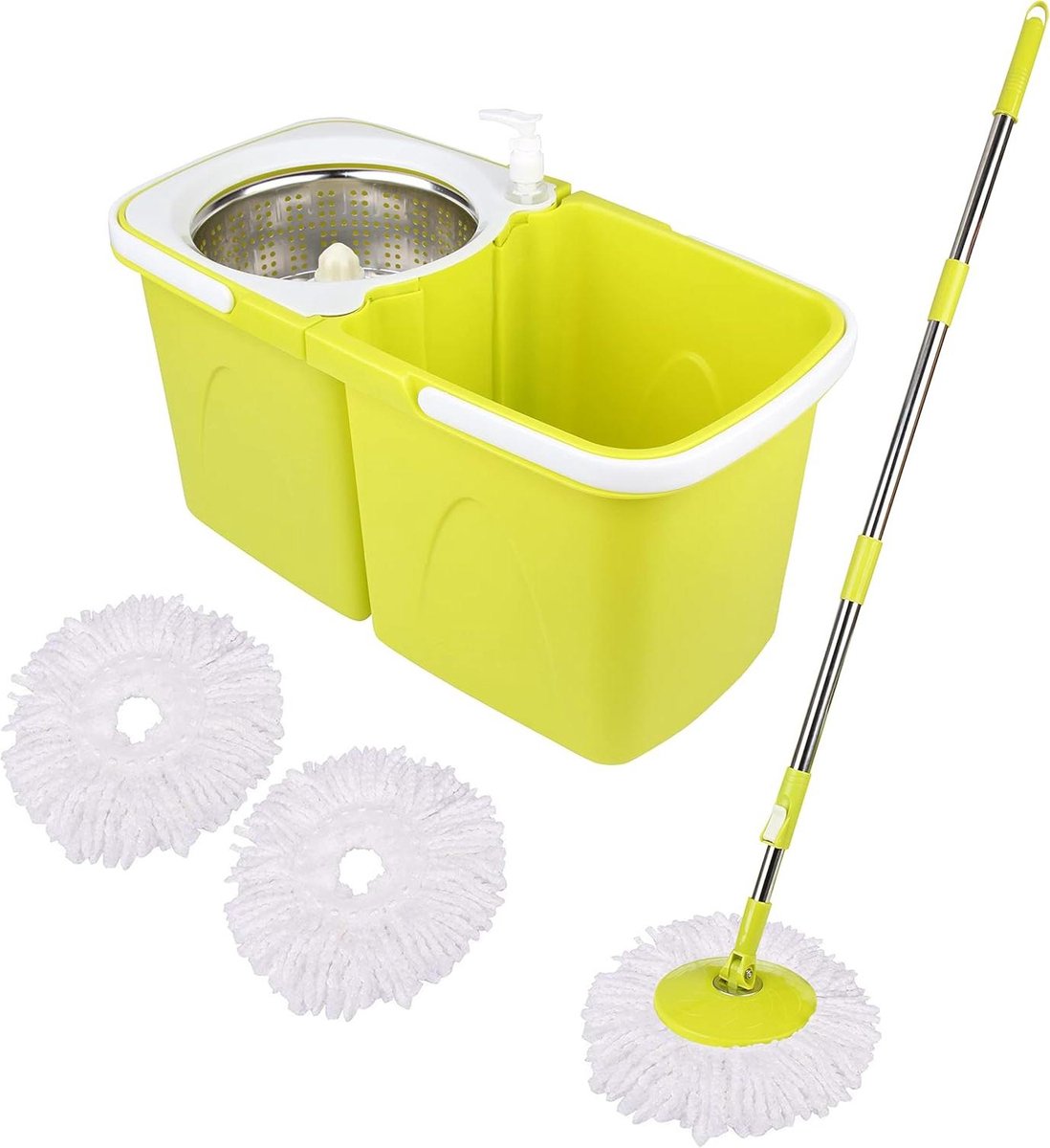 Dweilmop en emmersets aparte stapelbare emmers 2 Microfiber Mop Heads 360 ° Spinnable Verstelbare Hoogte Telescopische Handvat