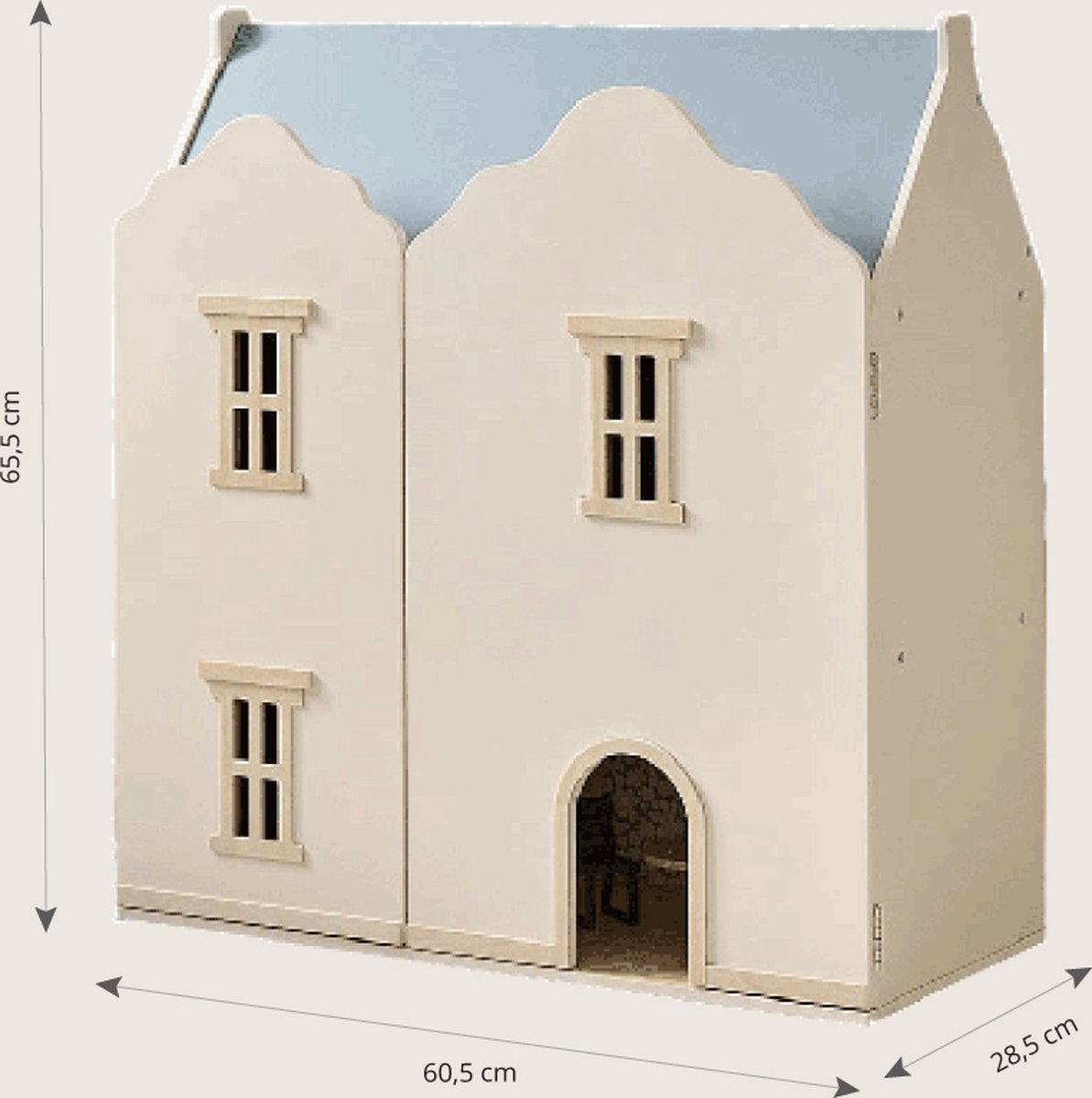 Petite Amélie Houten Poppenhuis Beige & Pastelblauw - H.66 cm - Drie Verdiepingen vol Tijdloze Charme - Stralend Beige met Pastelblauw Dak — afbeelding 8
