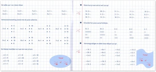 Open oefenschrift met tafels en deelsommen. Bladzijden zijn geruit met blauwe en rode lijnen.