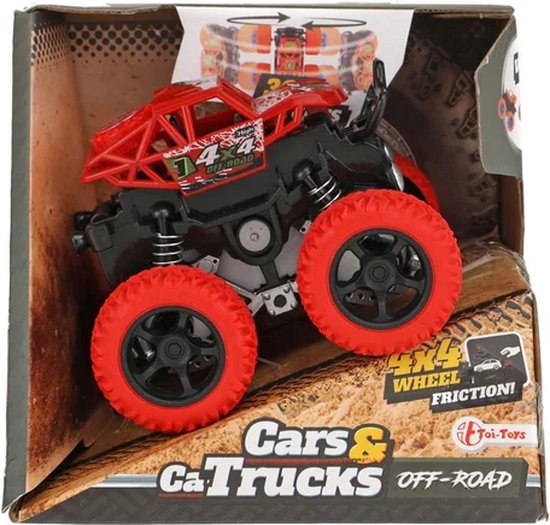 Rode monstertruck met zwarte velgen, in een 'Cars & Trucks Off-Road' verpakking. "4x4 Wheel Friction".