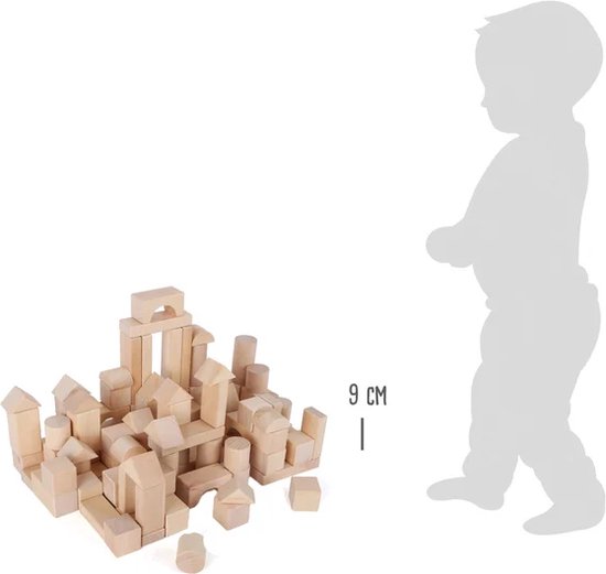 Houten blokken van naturel hout, naast silhouet van kind met markering van 9 cm.