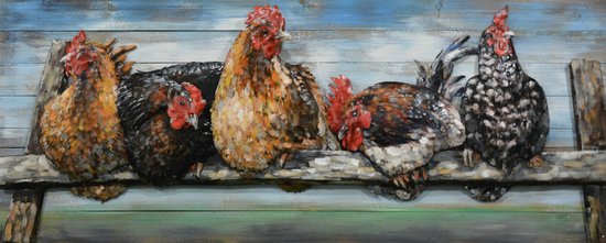 Peinture métallique de six poules sur une branche en bois, avec un fond bleu et vert.