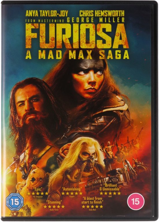 Furiosa: Een Mad Max Saga DVD-hoes met Anya Taylor-Joy, Chris Hemsworth en een derde figuur.