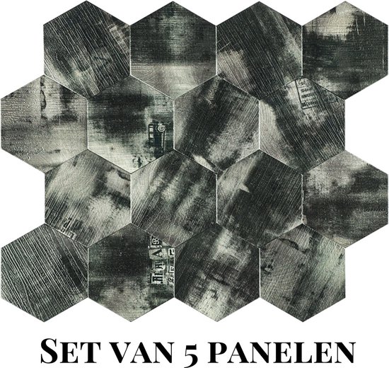 Vijf zeshoekige wandpanelen met een geborstelde aluminiumlook en een verweerd, industrieel patroon. 'SET VAN 5 PANELEN' is zichtbaar.