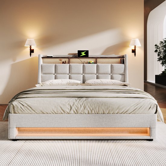 KOMHTOM Bed Tweepersoonsbed 140x200 cm Chest bed met USB Single LED bed met metalen lattenbodem Beige