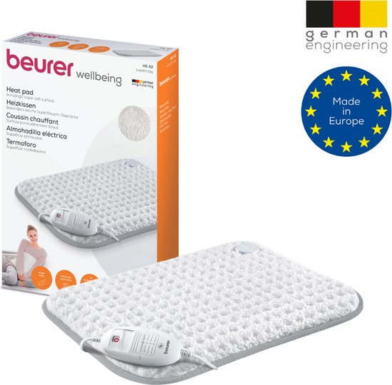 Beurer HK 42 Elektrisch Warmtekussen - Heating pad - 44 x 33 cm - Superzacht - 3 Warmtestanden - Max. 65°C - Snelle opwarming - Automatische uitschakeling - Fleece - Machinewasbaar - 3 Jaar garantie - Wit/grijs