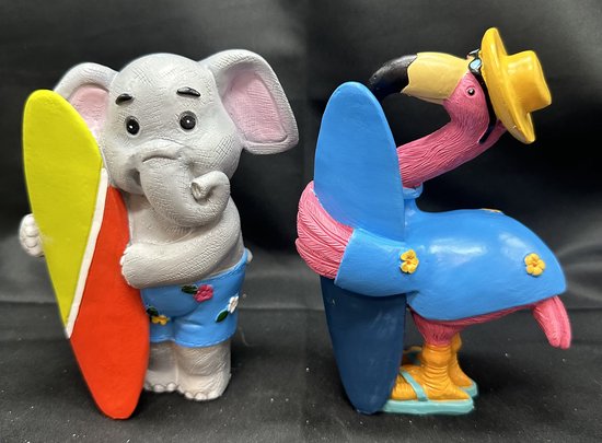 Animaux tropicaux (de jardin) en polyrésine "Éléphant et flamant rose avec planche de surf" - Set de 2 pièces - multicolore - Hauteur 13 x 11 x 4 cm - Accessoires de maison - Accessoires de jardin - Décoration de jardin