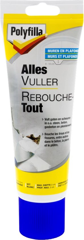Polyfilla Alles Vuller Rebouche-Tout tube met blauwe dop. Geeft gaten en scheuren in muren en plafonds aan. Wit vulmiddel.