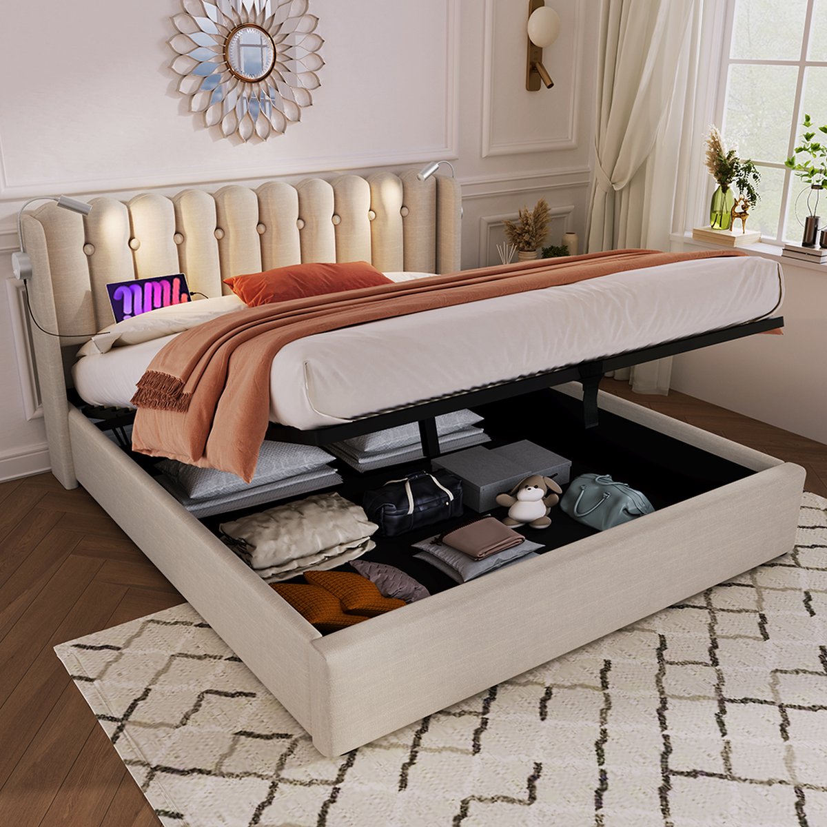 KOMHTOM Bed Tweepersoonsbed 160x200 cm Chest bed Leesbed met laadfunctie Hoofdbord Opbergruimte Naturel Beige