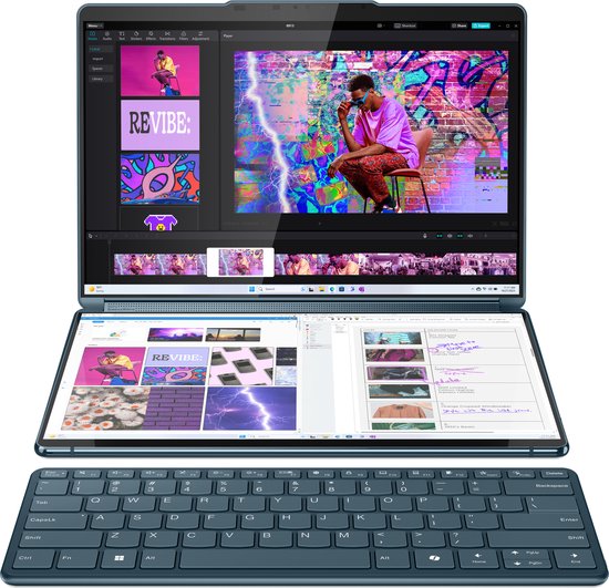 Lenovo Yoga Book 9 13IMU9 Intel Core Ultra 7 155U Hybride (2-in-1) 33,8 cm (13.3") Touchscreen 2.8K 32 GB LPDDR5x-SDRAM 1 TB SSD Wi-Fi 6E (802.11ax) Windows 11 Home Engels Blauwgroen